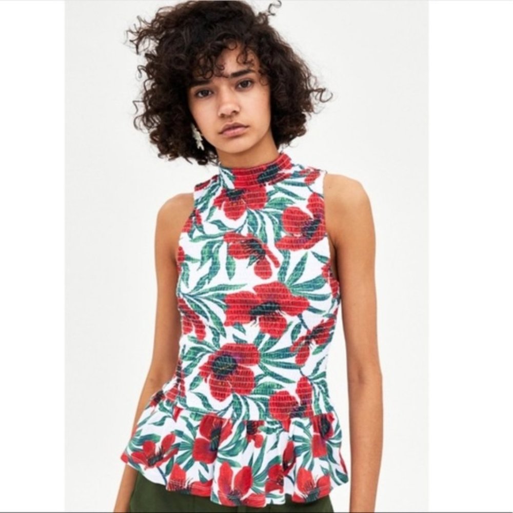 NWT Zara Floral Poppy Smocked Peplum Top Size S